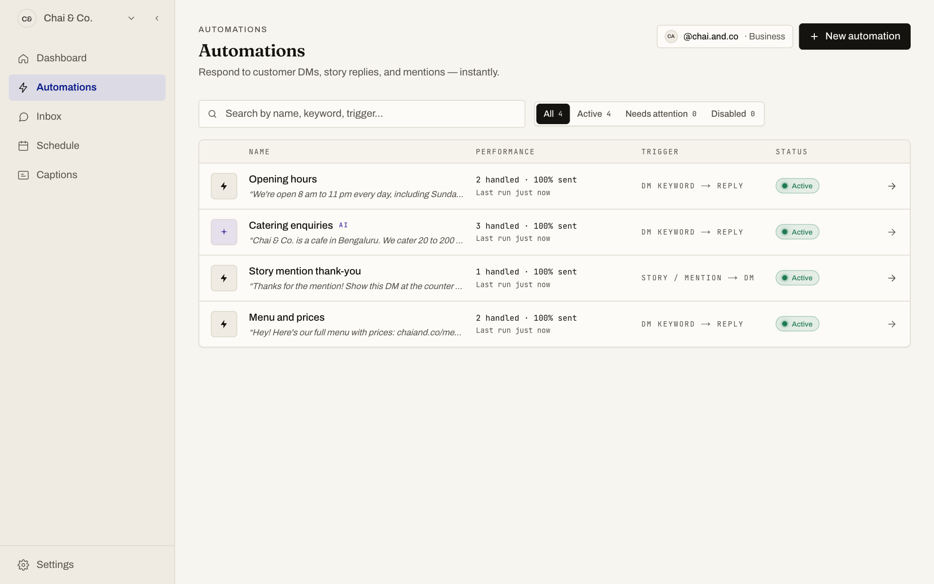 FeedAutopilot automations list showing four active flows with handled counts and status