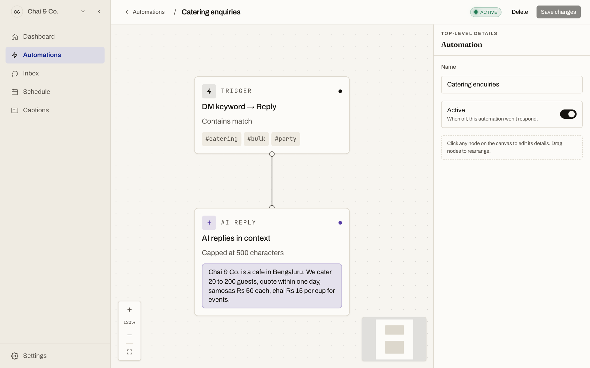 FeedAutopilot flow editor with a DM keyword trigger connected to an AI reply