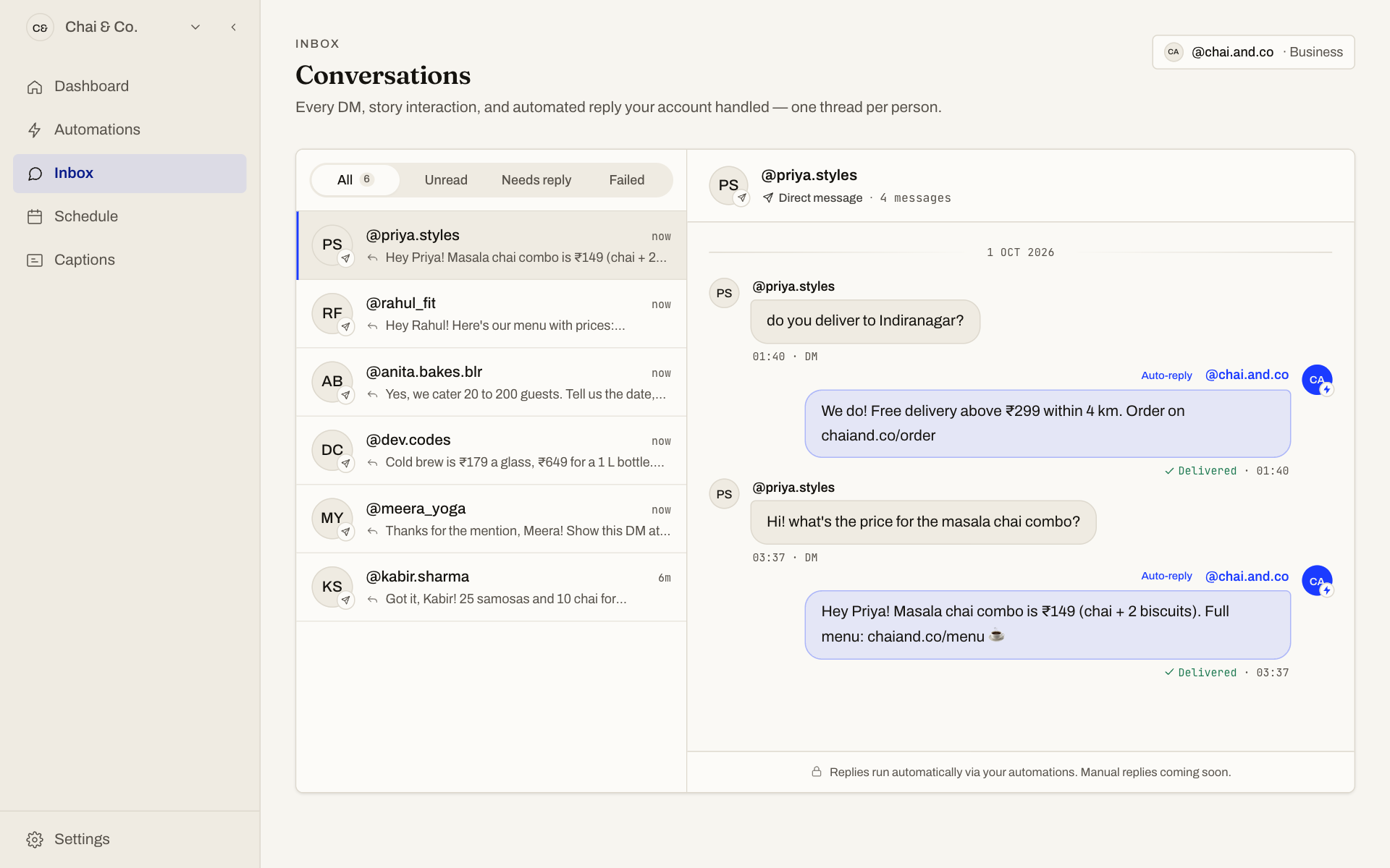 FeedAutopilot inbox with a conversation list and a thread showing an automatic reply