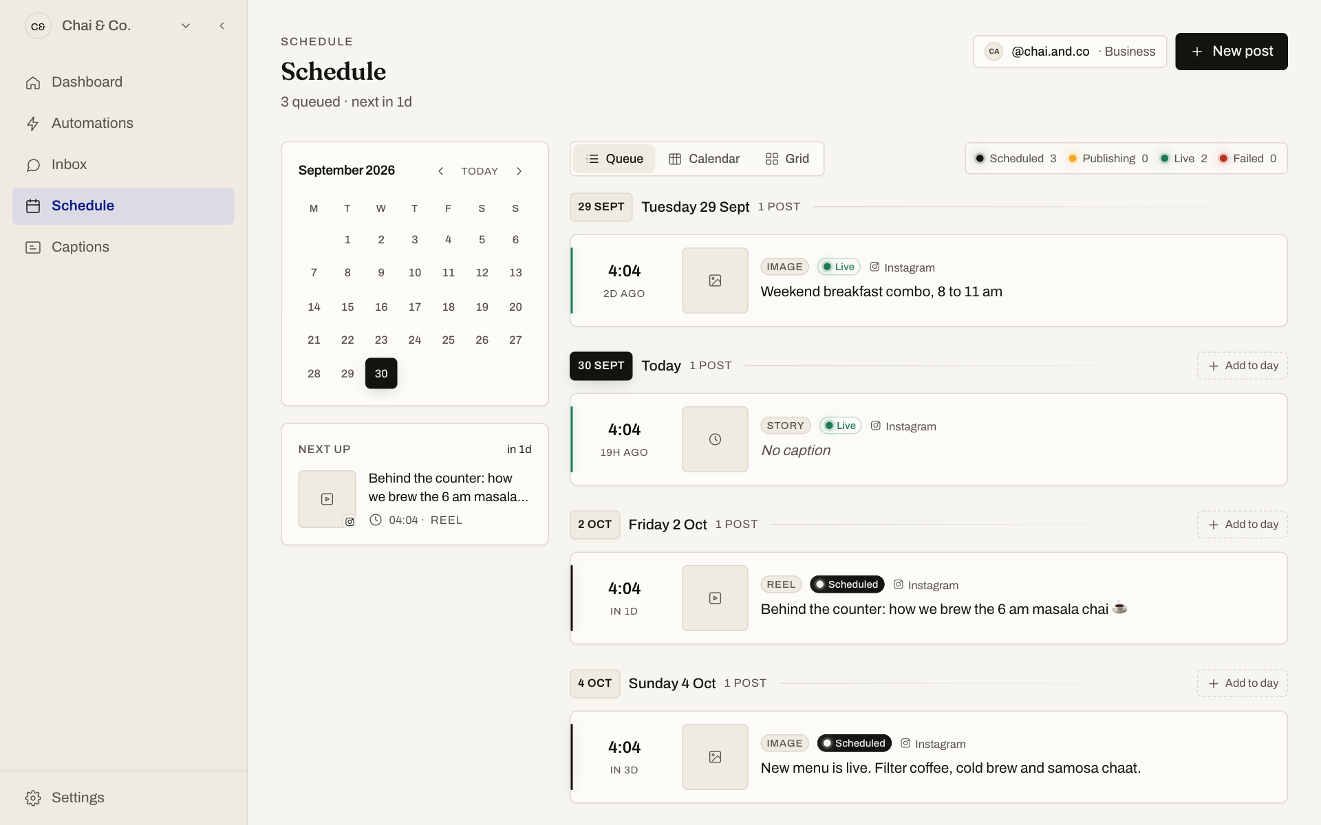 FeedAutopilot schedule page with a calendar and a queue of upcoming Instagram posts